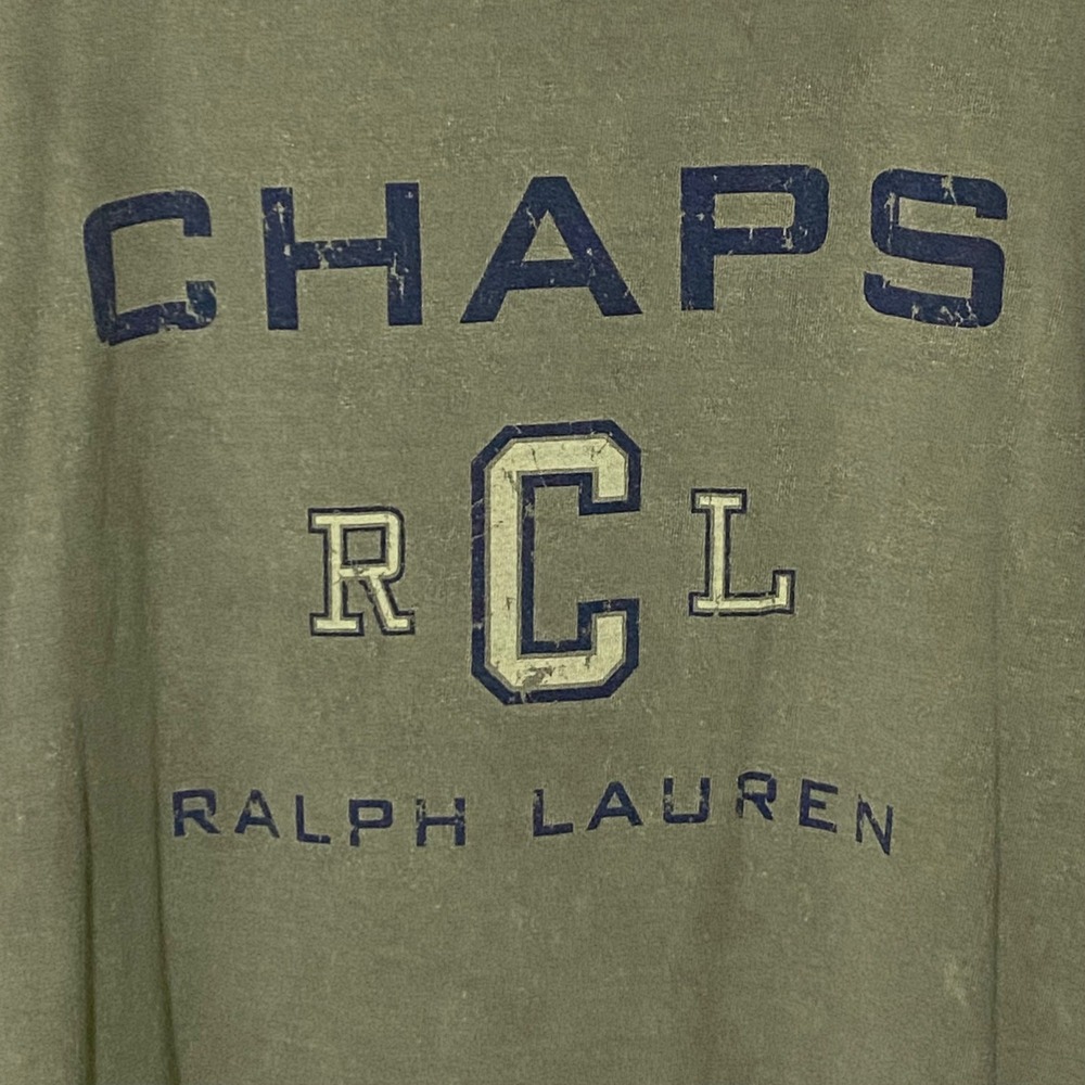 Vtg 90s Chaps Ralph Lauren Army Green T-Shirt Worn Faded Grunge Outdoor Spellout